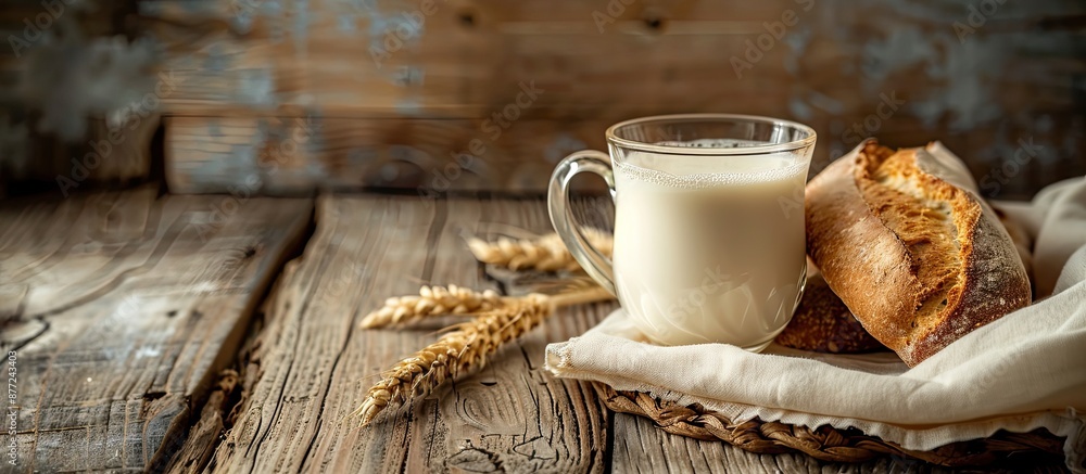 Fototapeta premium Traditional Jewish holiday concept with a milk glass cup and homemade organic bread displayed on a wooden table creating a warm setting with copy space image