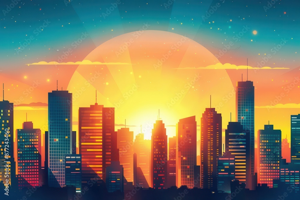 Obraz premium City skyline, sunset view, flat design illustration