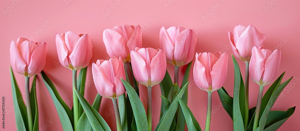 Fototapeta premium A bunch of pink tulips arranged on a pink backdrop with space for text or other elements in the image. with copy space image. Place for adding text or design