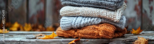 Cozy knitted sweaters stacked on a wooden bench with autumn leaves; perfect for fall fashion and cozy indoor scenes.