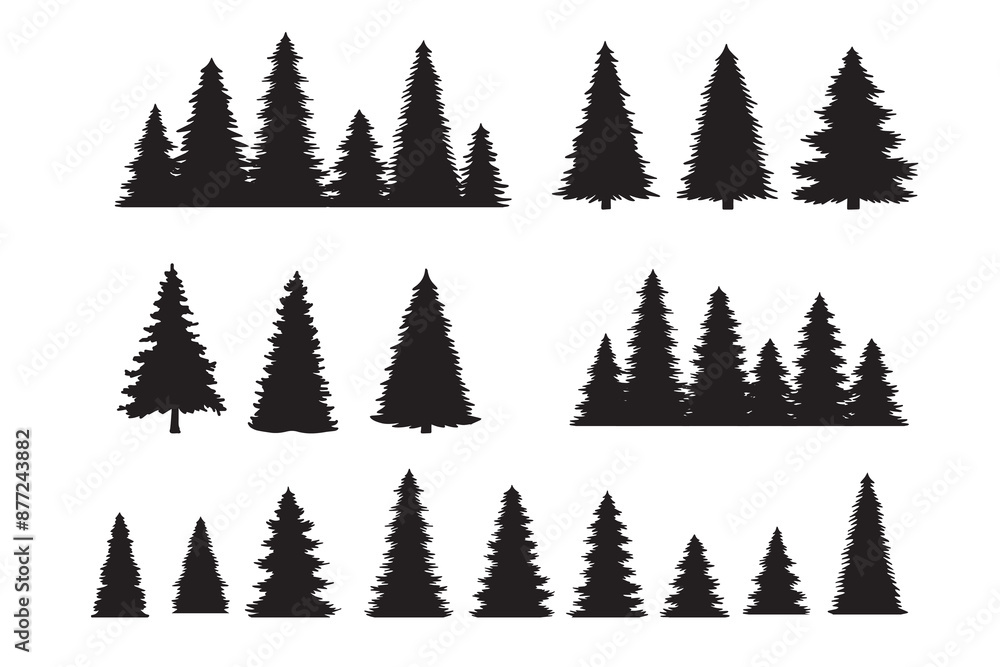 Obraz premium Vintage trees, forest silhouettes set. outline of a coniferous forest. Isolated. 