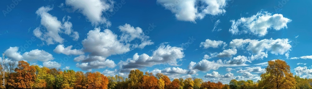 Beautiful autumn landscape with vibrant fall foliage, blue sky, and fluffy clouds, capturing the essence of the season in a panoramic view. Beautiful autumn landscape with vibrant fall foliage, blue sky, and fluffy clouds, capturing the essence of the season in a panoramic view.