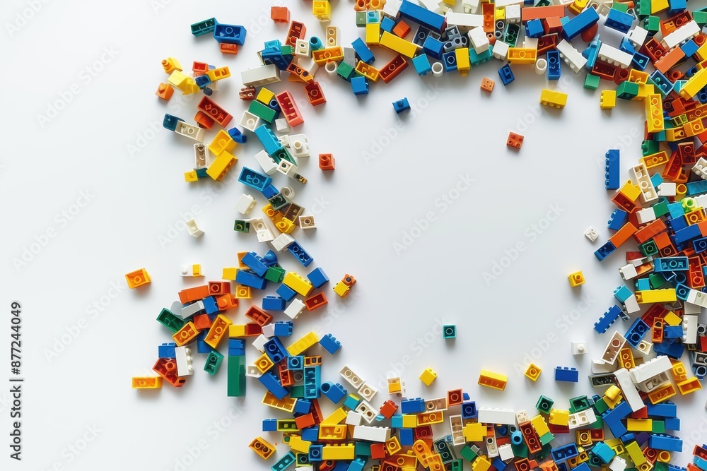 White background, white space in the center of picture. A pile of colorful blocks scattered all over the place. The bricks of different shapes and sizes to show diversity. White background, white space in the center of picture. A pile of colorful blocks scattered all over the place. The bricks of different shapes and sizes to show diversity.