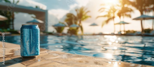 Enjoy a refreshing cold drink in a blue can by the hotel pool with a relaxing summer vacation vibe at the resort featuring a pleasing copy space image