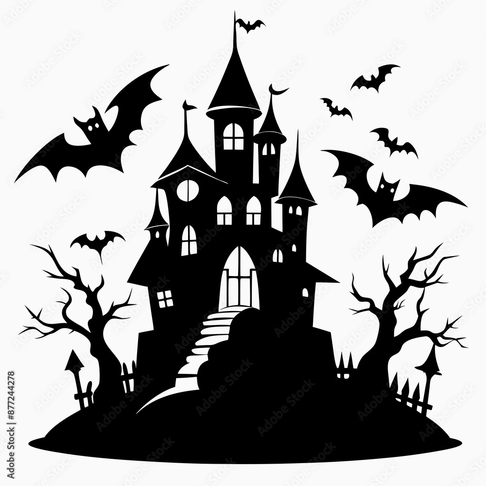 spooky castle with bats vector,Halloween illustration with castle and bats, spooky castle with bats vector,Halloween illustration with castle and bats,