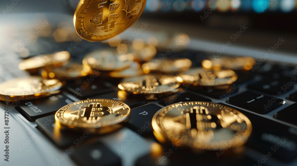 Bitcoin BTC cryptocurrency. Golden coins falling on laptop keyboard. Profit concept Bitcoin BTC cryptocurrency. Golden coins falling on laptop keyboard. Profit concept