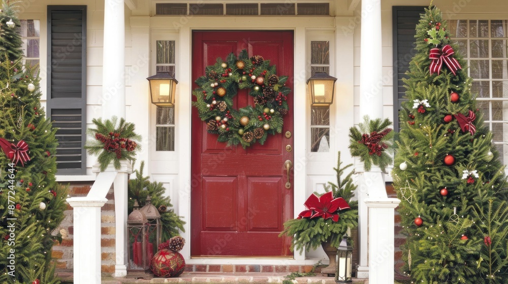Adorn doors and windows with festive wreaths, crafted from evergreen branches, berries, and ribbons Adorn doors and windows with festive wreaths, crafted from evergreen branches, berries, and ribbons
