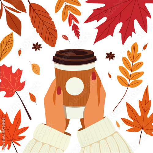 Minimalist flat autumn illustration of a cup of coffee to go in female hands on a white background with autumn leaves.