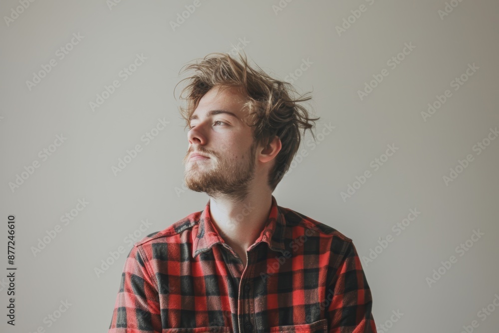 Fototapeta premium Portrait of a blissful caucasian man in his 20s dressed in a relaxed flannel shirt while standing against minimalist or empty room background