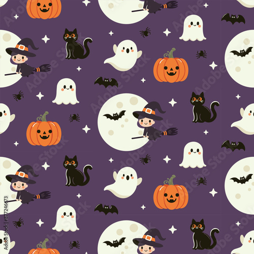 This Halloween pattern features a flat style with various iconic elements.Seamless background perfect for use in textiles, wallpapers, and festive decorations.