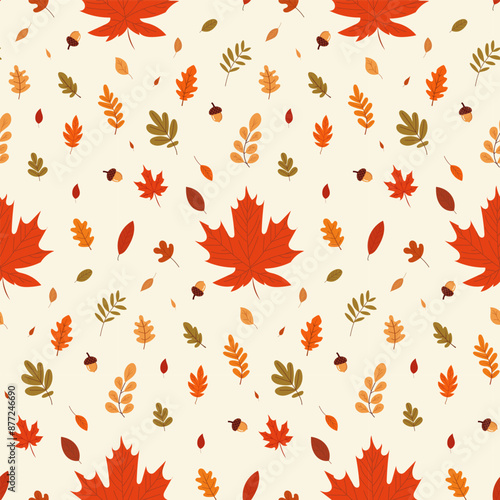 A simple autumn pattern in flat style featuring colorful leaves arranged in a repeating design.Background for textiles, fabrics, cotton fabric, covers, wallpaper, print, gift wrapping, postcard.