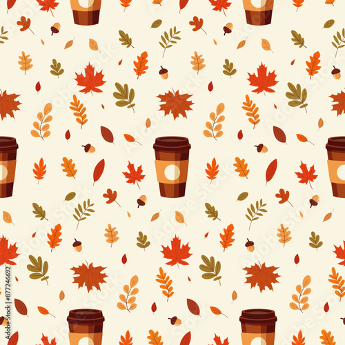 A simple autumn pattern in flat style featuring colorful leaves arranged in a repeating design.Background for textiles, fabrics, cotton fabric, covers, wallpaper, print, gift wrapping, postcard.