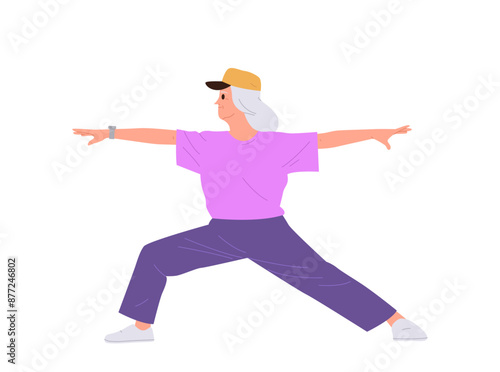 Old woman cartoon character practicing tai chi training strength and mobility of body on retirement