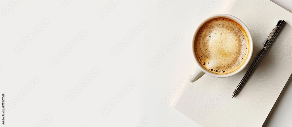 A coffee cup and notebook viewed from the top against a white backdrop featuring copy space image A coffee cup and notebook viewed from the top against a white backdrop featuring copy space image