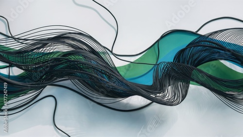 A close up of a wire sculpture with black and blue colors, AI photo