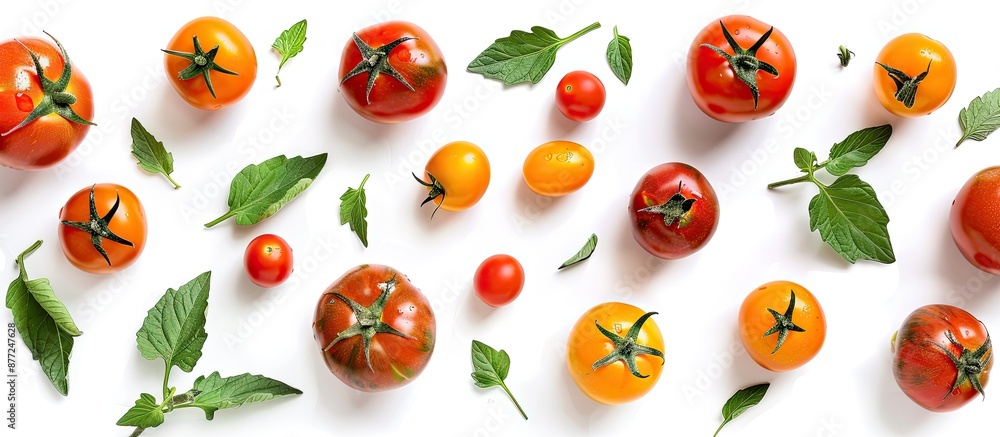 A variety of tomatoes with leaves displayed on a white background to showcase a healthy diet and vegan lifestyle featuring copy space image in a top down flat lay composition A variety of tomatoes with leaves displayed on a white background to showcase a healthy diet and vegan lifestyle featuring copy space image in a top down flat lay composition