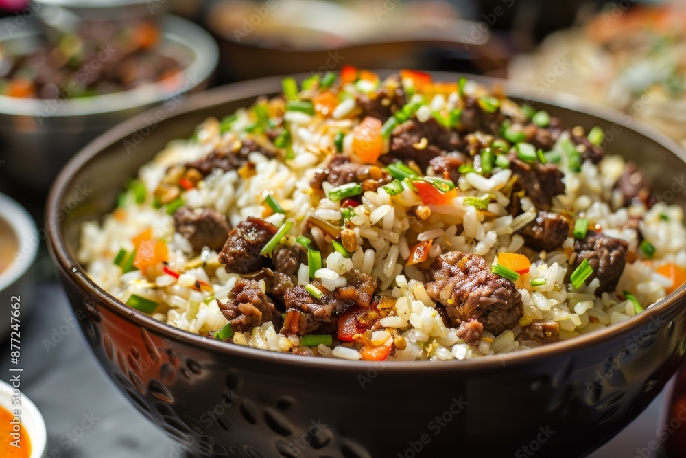 Closeup of a delicious bowl of beef fried rice garnished with green onions Closeup of a delicious bowl of beef fried rice garnished with green onions