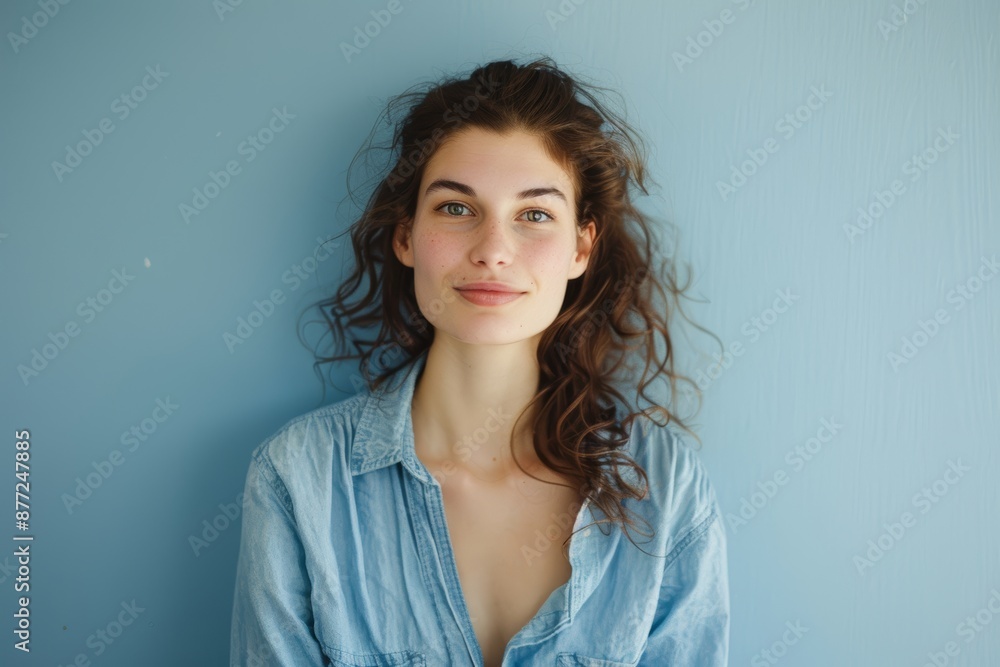 Obraz premium Portrait of a content woman in her 30s wearing a simple cotton shirt isolated in solid color backdrop