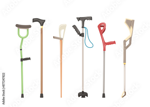 Walking sticks and elbow crutch various design and form for patient physical recovery isolated set