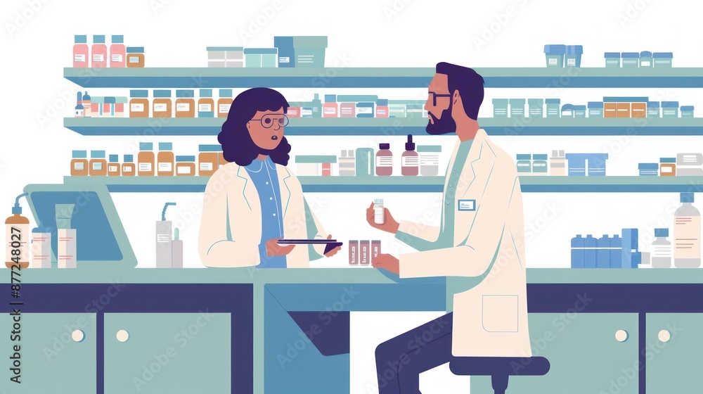 Obraz premium Outline the role of a pharmacist, emphasizing responsibilities like dispensing medications, advising patients on drug usage, and managing pharmacy operations..... 