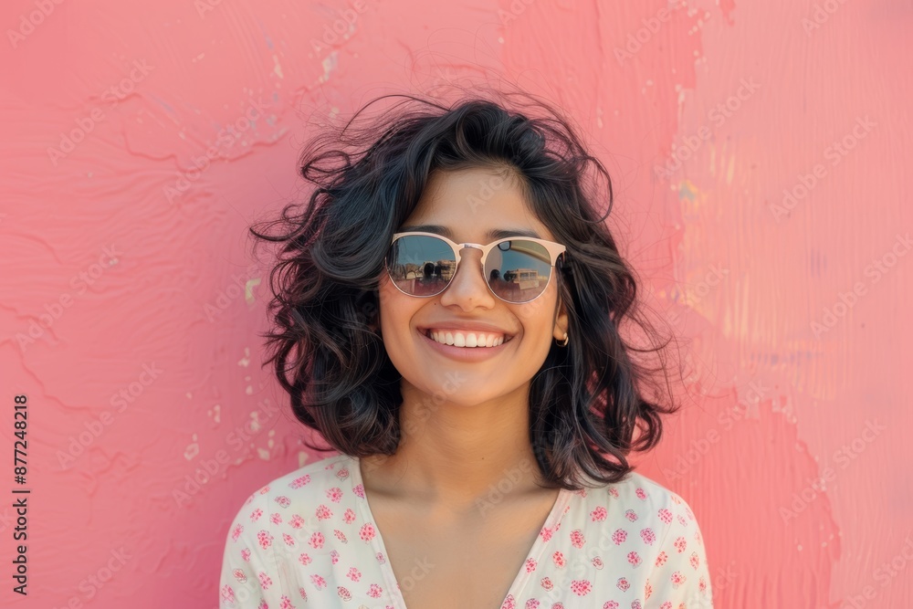Portrait of a joyful indian woman in her 30s wearing a trendy sunglasses in solid color backdrop Portrait of a joyful indian woman in her 30s wearing a trendy sunglasses in solid color backdrop