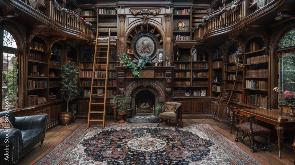 Obraz premium An antique library with floor-to-ceiling bookshelves, a rolling ladder, and a grand fireplace