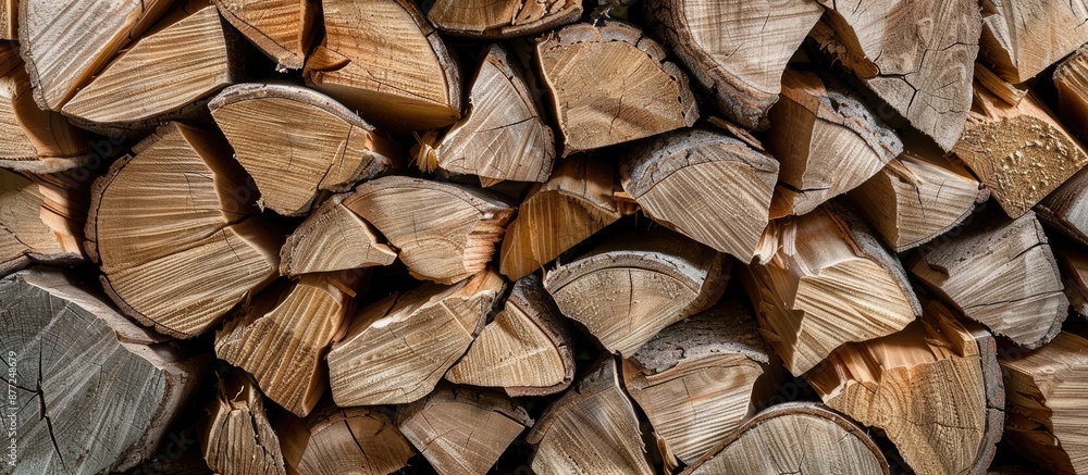 Fototapeta premium Chopped oak firewood arranged in a rustic setting with a natural background perfect for a copy space image