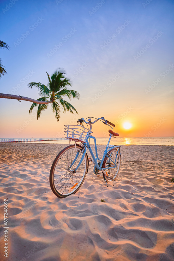 Fototapeta premium Retro vintage bicycle with basket on tropical sand island at sunset, vertical photo, screensaver