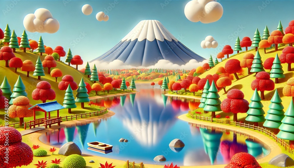 Naklejka premium Mount Fuji Autumn Lake Cartoon Landscape