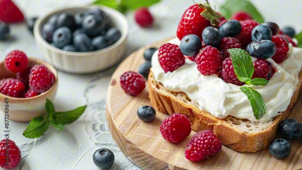 National French Toast Day concept. Delicious of French toast with fresh strawberries, blueberry, and berries on white background. French toast with fresh fruits. Copy space area for text. 4K Video National French Toast Day concept. Delicious of French toast with fresh strawberries, blueberry, and berries on white background. French toast with fresh fruits. Copy space area for text. 4K Video
