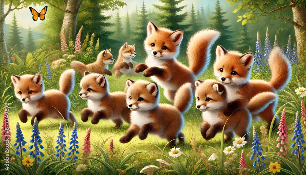 Playful Fox Cubs Frolicking in a Colorful Meadow with Wildflowers and a Butterfly Playful Fox Cubs Frolicking in a Colorful Meadow with Wildflowers and a Butterfly