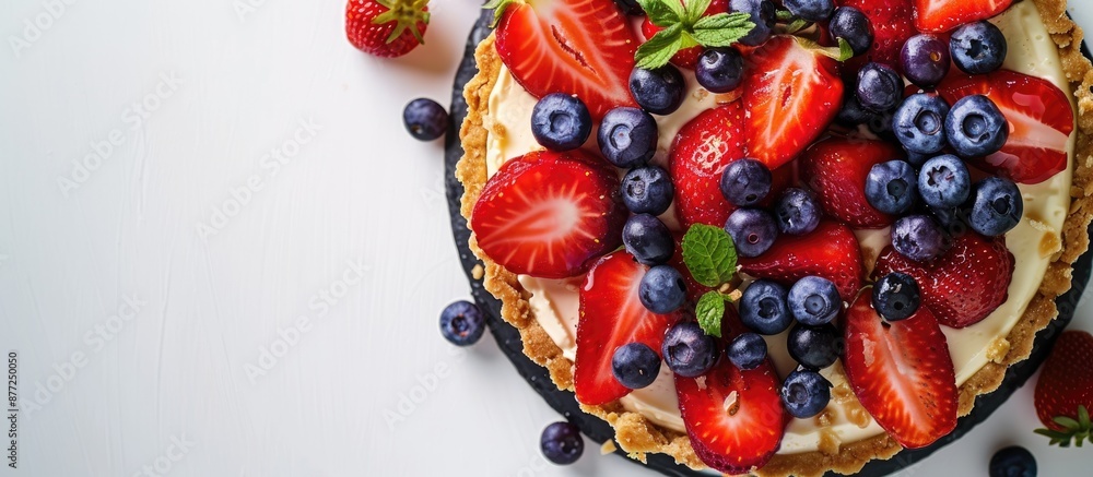 A cheesecake decorated with strawberries and blueberries on a white background for a copy space image A cheesecake decorated with strawberries and blueberries on a white background for a copy space image