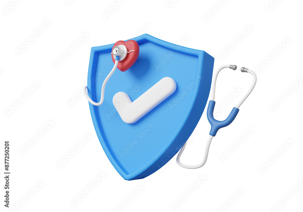 © N ON NE ON - Shield protection health checkup heartbeat medical doctor stethoscope diagnosis floating on isolated background. healthcare checkmark concept. 3d rendering © N ON NE ON - Shield protection health checkup heartbeat medical doctor stethoscope diagnosis floating on isolated background. healthcare checkmark concept. 3d rendering