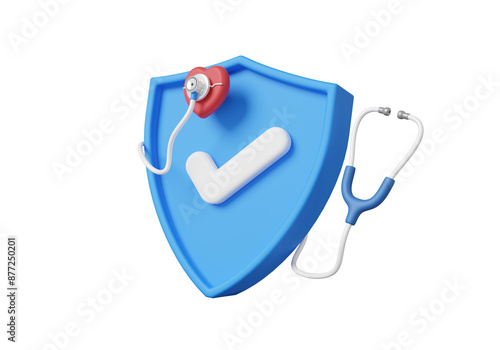 Shield protection health checkup heartbeat medical doctor stethoscope diagnosis floating on isolated background. healthcare checkmark concept. 3d rendering
