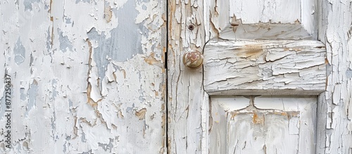 A weathered white door with...