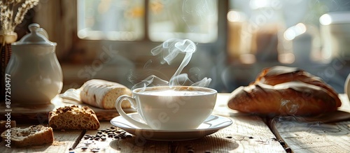 A steaming cup of coffee wi...