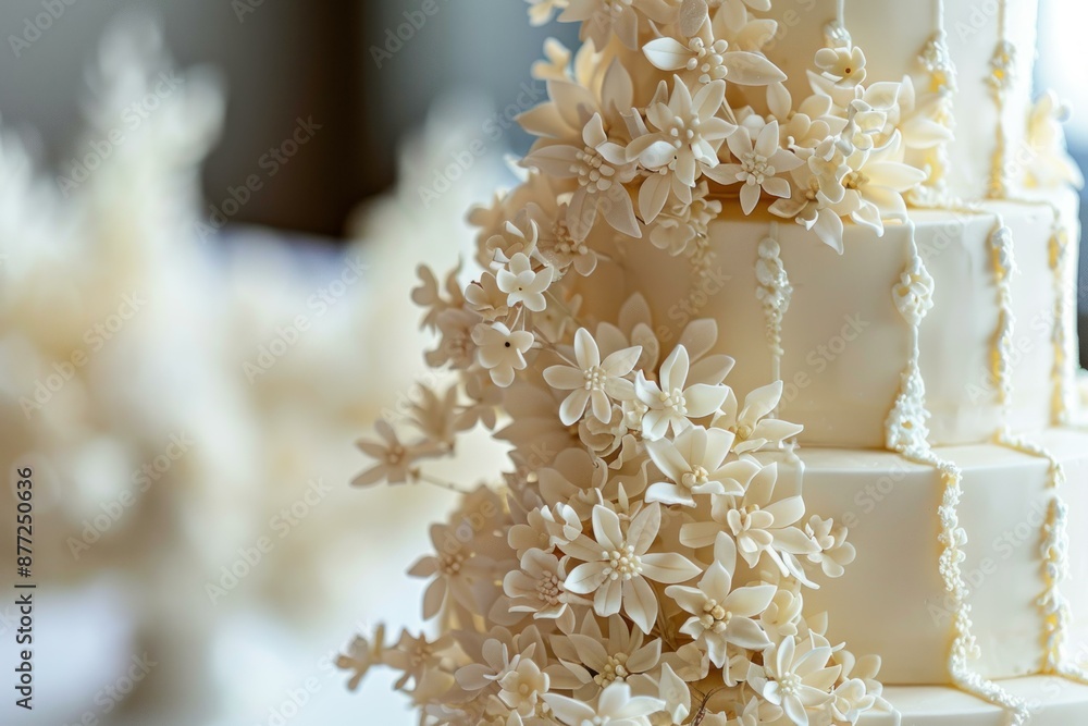 Closeup of a luxurious wedding cake adorned with intricate floral patterns Closeup of a luxurious wedding cake adorned with intricate floral patterns