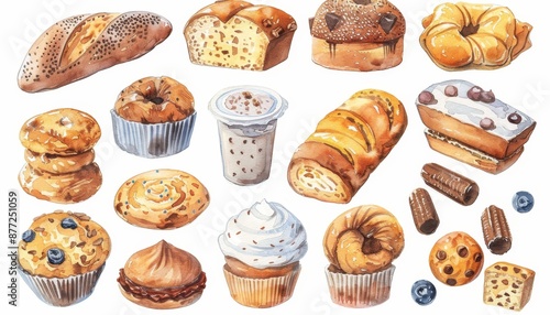 Watercolor Illustrations of Delicious Baked Goods on White Background