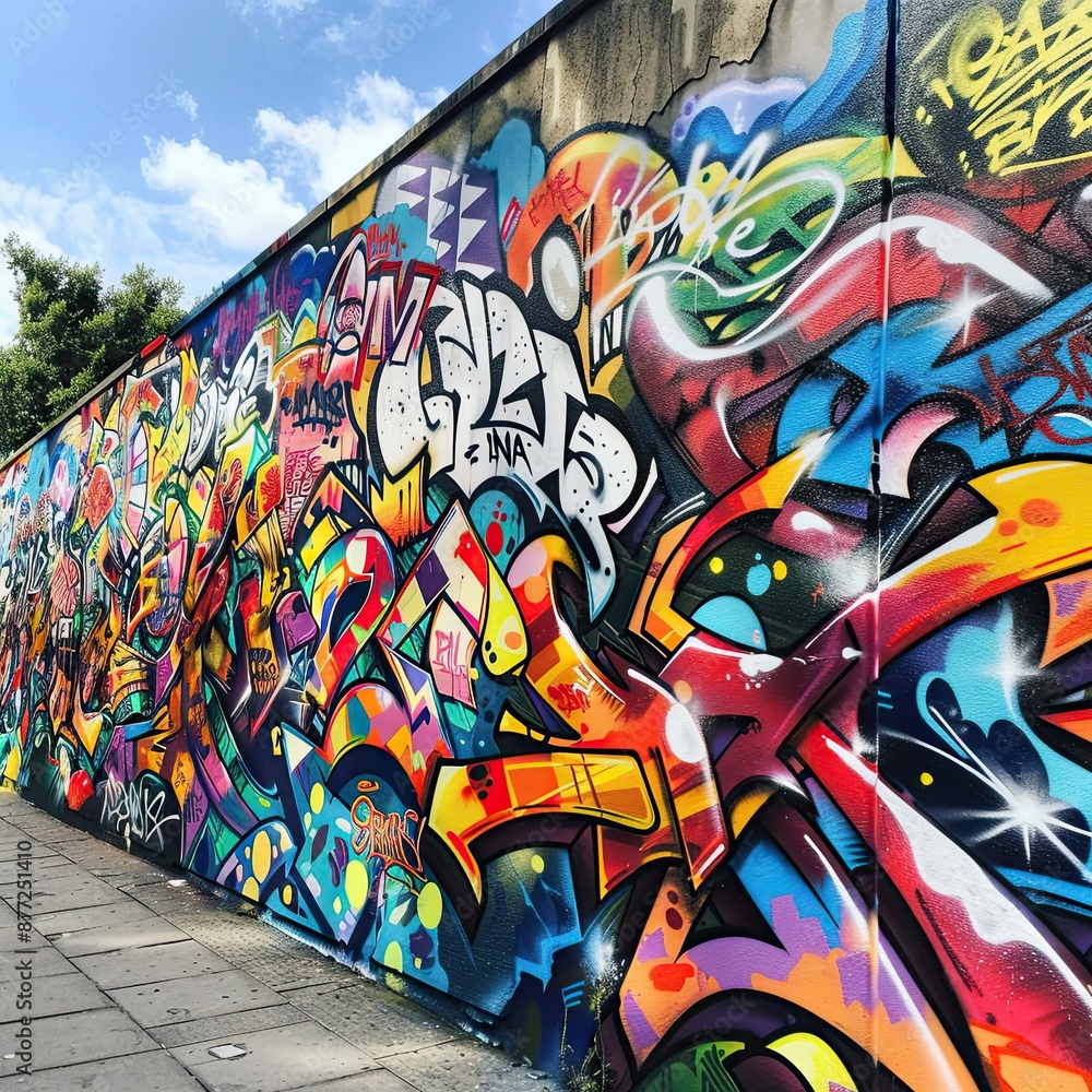 A breathtaking and detailed photo of a vibrant graffiti mural on an urban wall. A breathtaking and detailed photo of a vibrant graffiti mural on an urban wall.