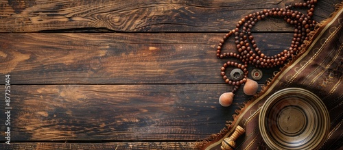 Wooden background with a yoga mat mala beads and a Tibetan bowl perfect for yoga and meditation practice with space for adding text or images. with copy space image. Place for adding text or design