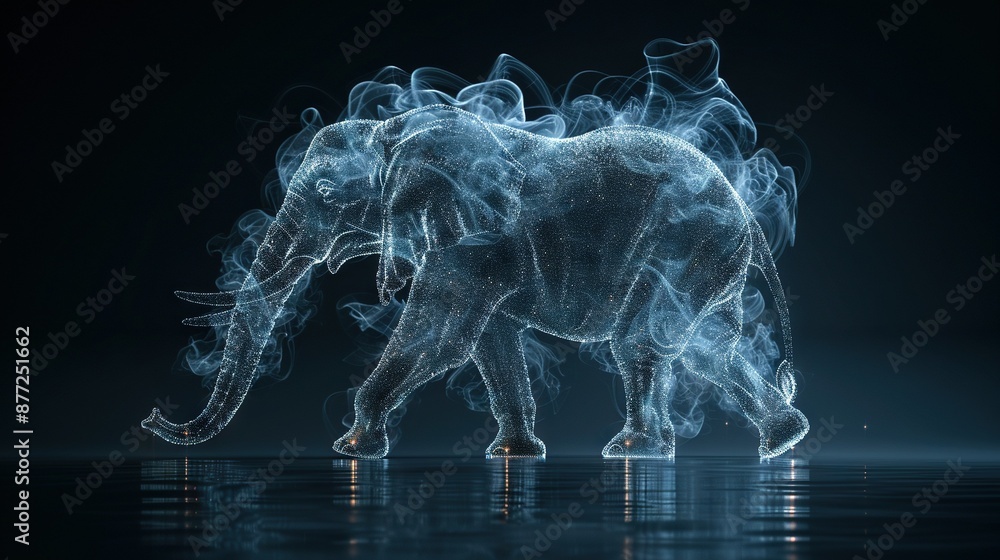 Two elephants stand together on a water body against a dark backdrop Two elephants stand together on a water body against a dark backdrop