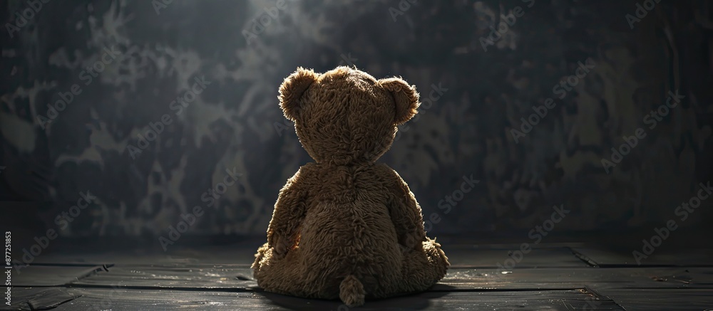 Lonely teddy bear with a cute appearance seen from behind against a dark backdrop offering room for text alongside the image. with copy space image. Place for adding text or design