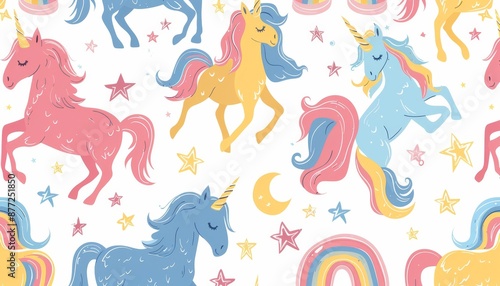 Whimsical Hand-Drawn Unicorn and Rainbow Pattern for Magical Themes on Isolated White Background © Rattana