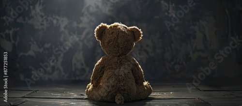 Obraz na płótnie Lonely teddy bear with a cute appearance seen from behind against a dark backdrop offering room for text alongside the image. with copy space image. Place for adding text or design w salonie
