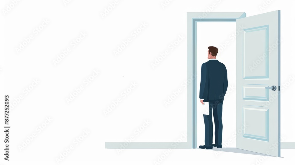 Business owner facing foreclosure notice on office door, flat design, illustration, isolated white background, financial crisis, copy space. Business owner facing foreclosure notice on office door, flat design, illustration, isolated white background, financial crisis, copy space.