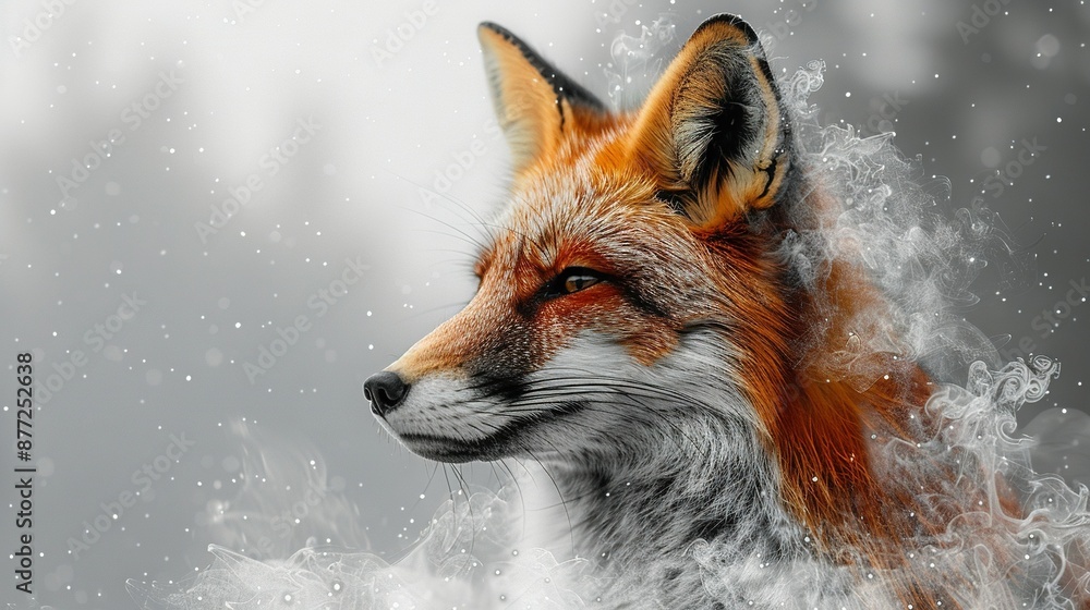 A fox's close-up, with water splashing on its face and head A fox's close-up, with water splashing on its face and head