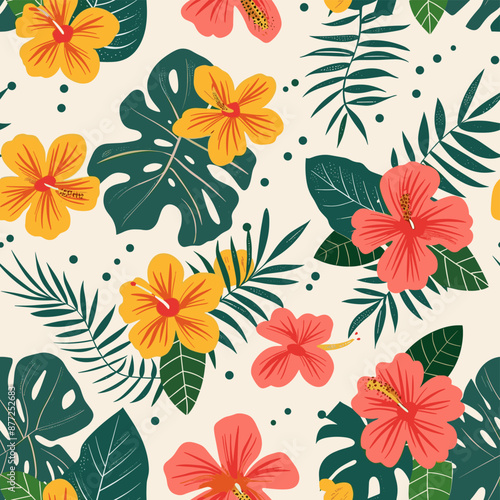 Seamless shirt pattern with tropical flowers and palm leaves hibiscus monsterra vector design