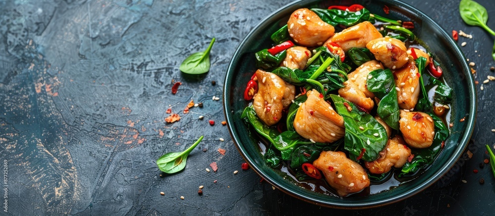 Comforting Chinese stir fried chicken and spinach presented in a visually appealing manner with copy space image