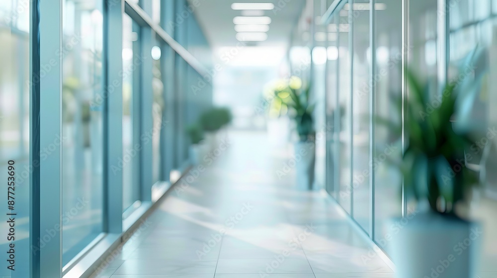 Modern Office Interior with Long Corridor and Defocused Room Background, Business Presentation Concept Modern Office Interior with Long Corridor and Defocused Room Background, Business Presentation Concept