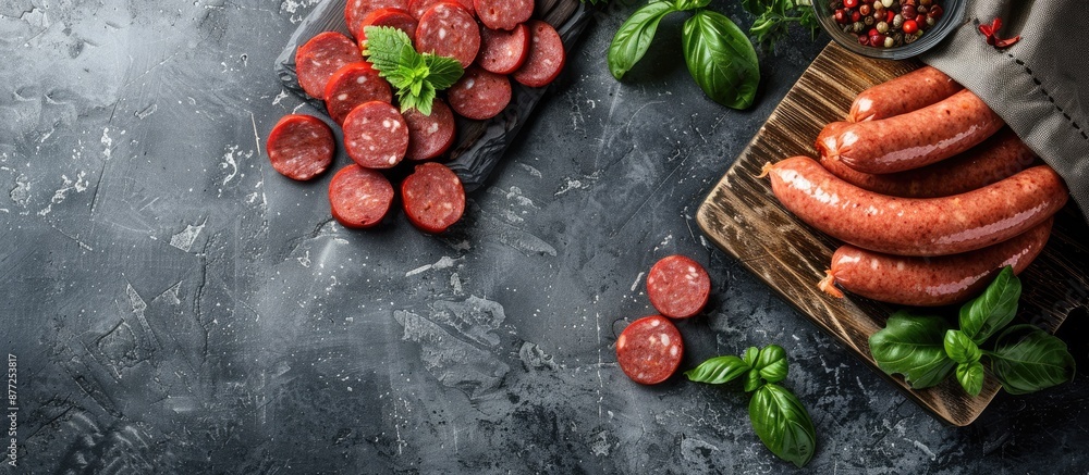 Close up of boiled sausages on concrete background with copy space image alongside raw store bought sausages on wooden board Close up of boiled sausages on concrete background with copy space image alongside raw store bought sausages on wooden board